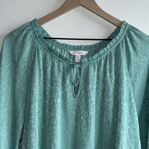 LC Lauren Conrad Satin Green Floral Balloon Sleeve Peasant Blouse Top Plus Sz 1x - Picture 4 of 12